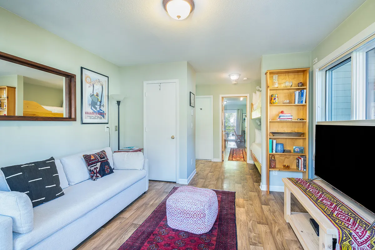 The image showcases the inviting living room of a Telluride condo, featuring a plush sofa, a well-stocked bookshelf, a modern television, vibrant artwork, and a textured rug. The space exudes warmth and comfort, perfect for gatherings, relaxing with a book, or enjoying cozy movie nights after a day in the mountains.